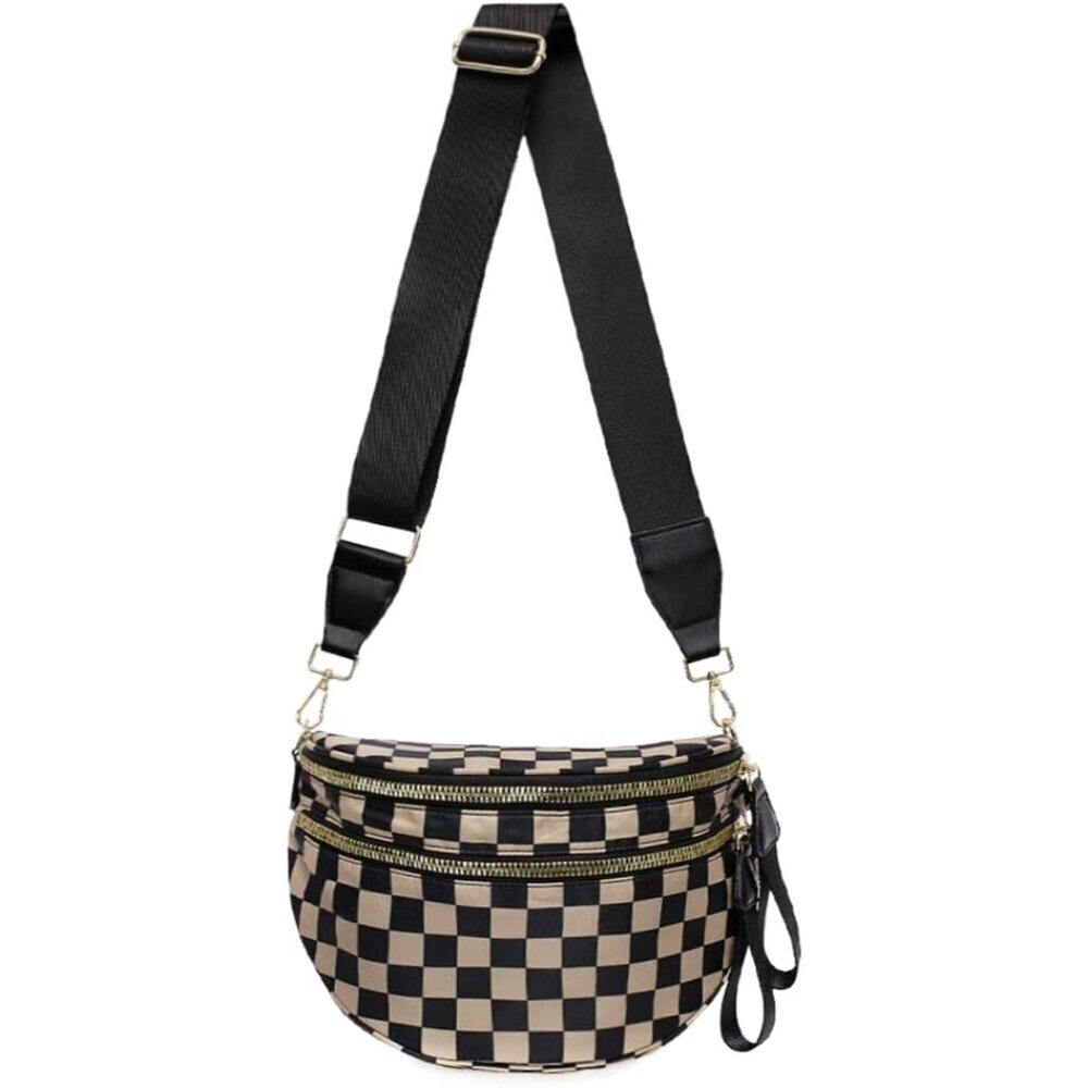 Checkered Nylon Crossbody Bag for Women Plaid Crescent Fanny Pack Shoulder